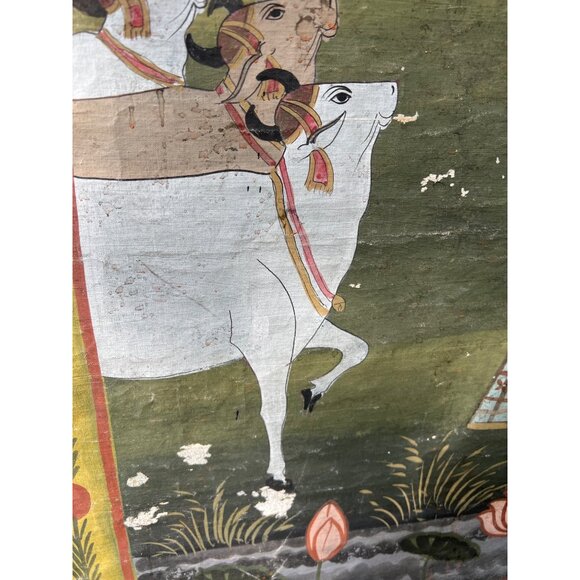 Krishna and Gopis with sacred cows waterliles large painted fabric canvas - Picture 6 of 8